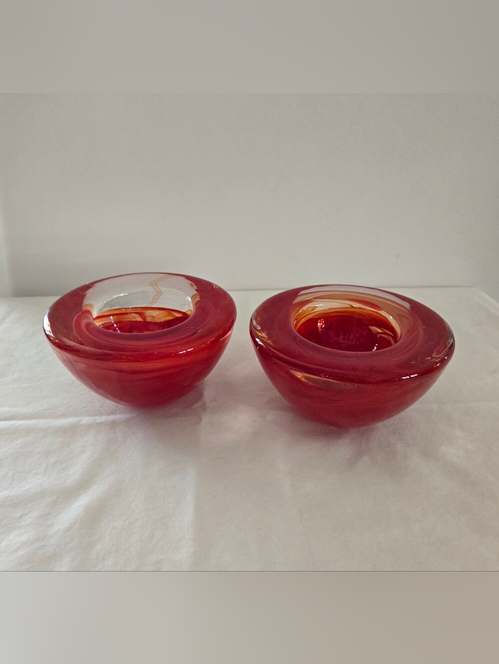 Vintage Kosta Boda Atoll Red & Orange Swirl Handblown Glass Tealights